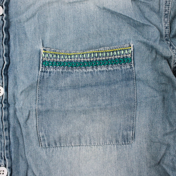 Koto Men's Distressed Denim Embroidered Button Up Size M