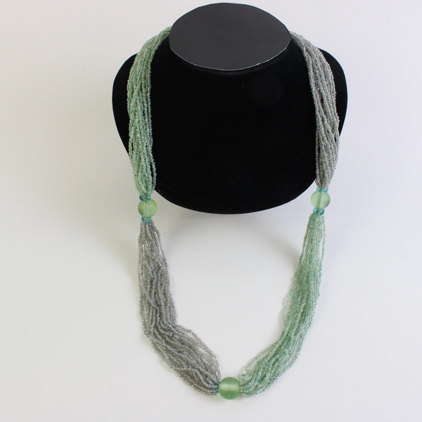 Green and Colorless Glass Multi-Strand Beaded Necklace Hook and Eye Closure 32"
