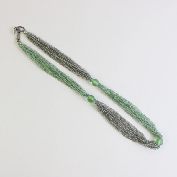 Green and Colorless Glass Multi-Strand Beaded Necklace Hook and Eye Closure 32"