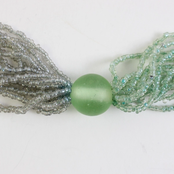 Green and Colorless Glass Multi-Strand Beaded Necklace Hook and Eye Closure 32"