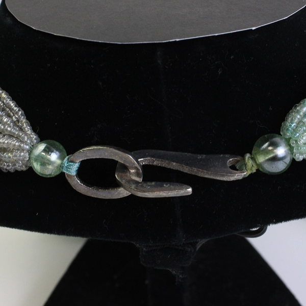 Green and Colorless Glass Multi-Strand Beaded Necklace Hook and Eye Closure 32"