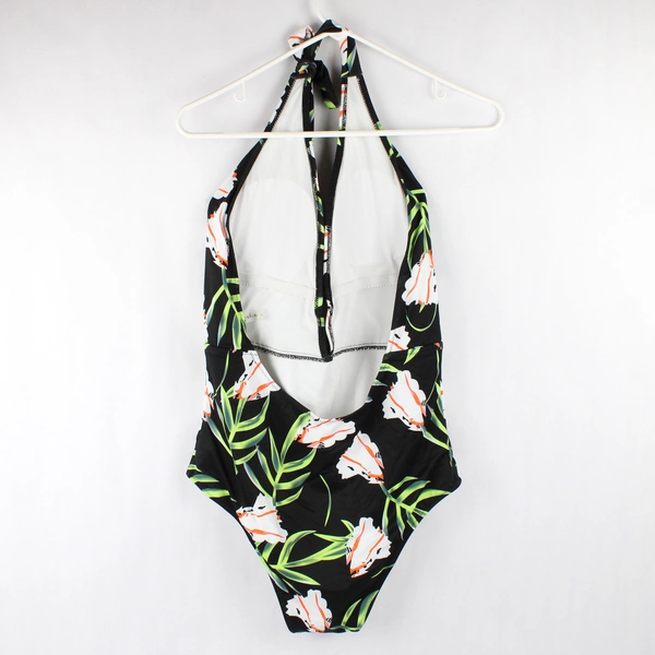 CUPSHE One-Piece Cut Deep V Black Floral One Piece Swinsuit Size M NWT