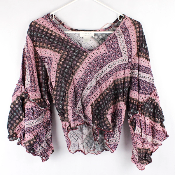 Lavendar Field Women's Size Small Purple Print Crop Top Bell Sleeve Rayon 