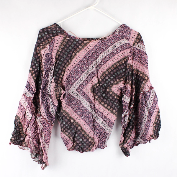 Lavendar Field Women's Size Small Purple Print Crop Top Bell Sleeve Rayon 
