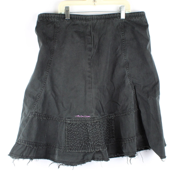 Volcom Black Denim Skirt Size L Frayed Hem Zip and Tie Closure 