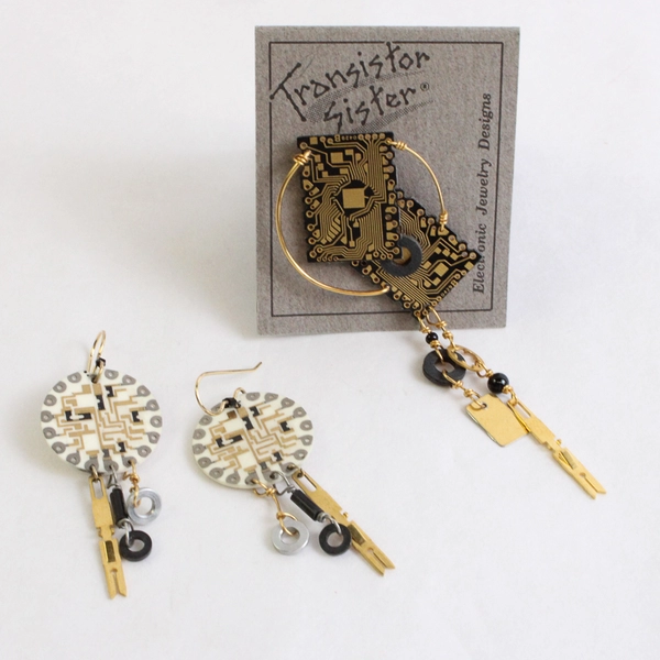 3 Piece Lot Transistor Sister Recycled Electronics Brooch and Earrings