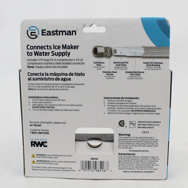 Eastman 5 Ft Steel Flex Refrigerator Ice Maker Connector 98516 NIB