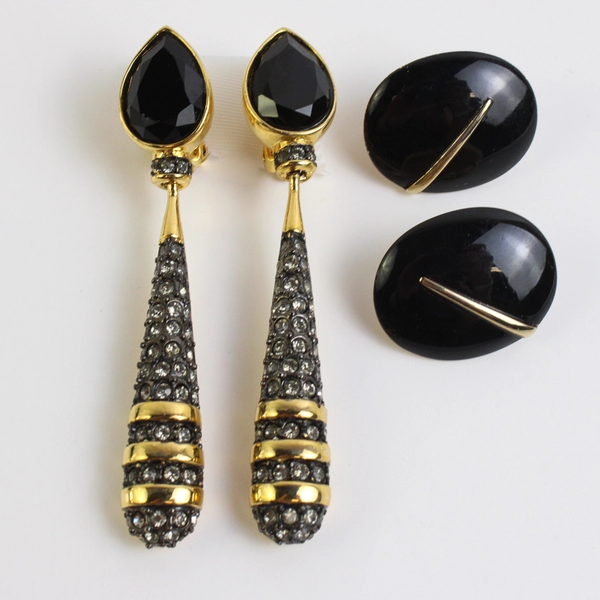 Unmarked Black and Gold-Tone Stud and Dangle Clip-On Earrings