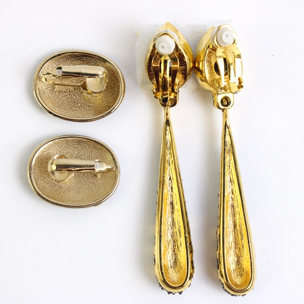 Unmarked Black and Gold-Tone Stud and Dangle Clip-On Earrings