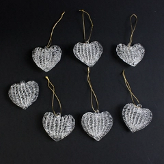 Set of 8 Vintage Clear Spun Glass Heart-Shaped Ornaments