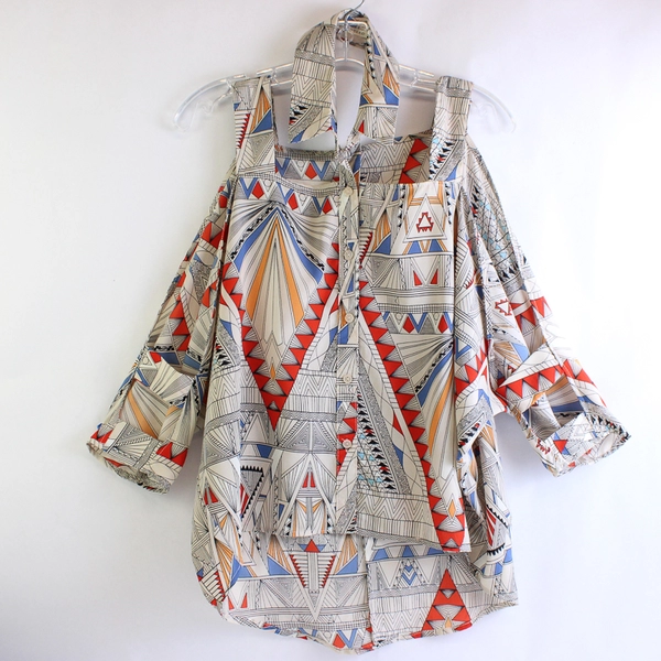 Mustard Seed Multicolor Geometric Print Cold-Shoulder Top Women's Sz Small