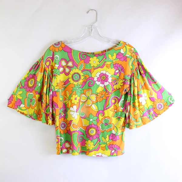 Handmade Multicolor Retro Floral Print Half-Sleeve Top Women's Small