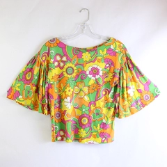 Handmade Multicolor Retro Floral Print Half-Sleeve Top Women's Small