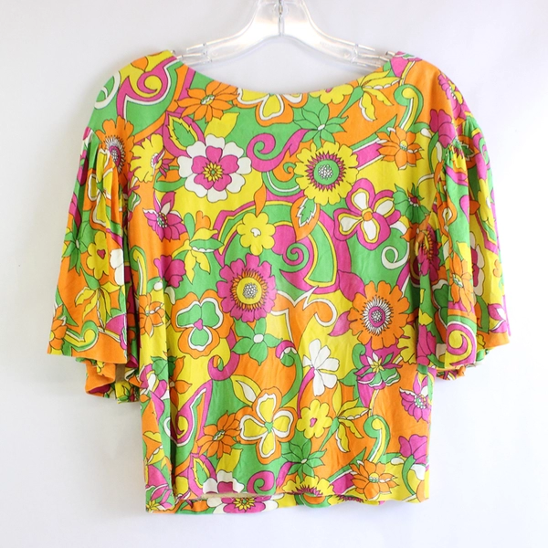 Handmade Multicolor Retro Floral Print Half-Sleeve Top Women's Small