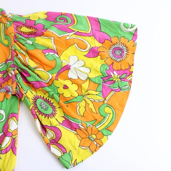 Handmade Multicolor Retro Floral Print Half-Sleeve Top Women's Small