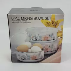 Set Of 3 Alco Enamelware Mixing Bowls With Plastic Lids Floral Pattern