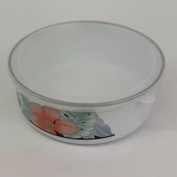 Set Of 3 Alco Enamelware Mixing Bowls With Plastic Lids Floral Pattern