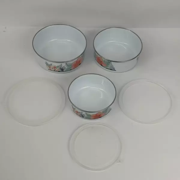 Set Of 3 Alco Enamelware Mixing Bowls With Plastic Lids Floral Pattern