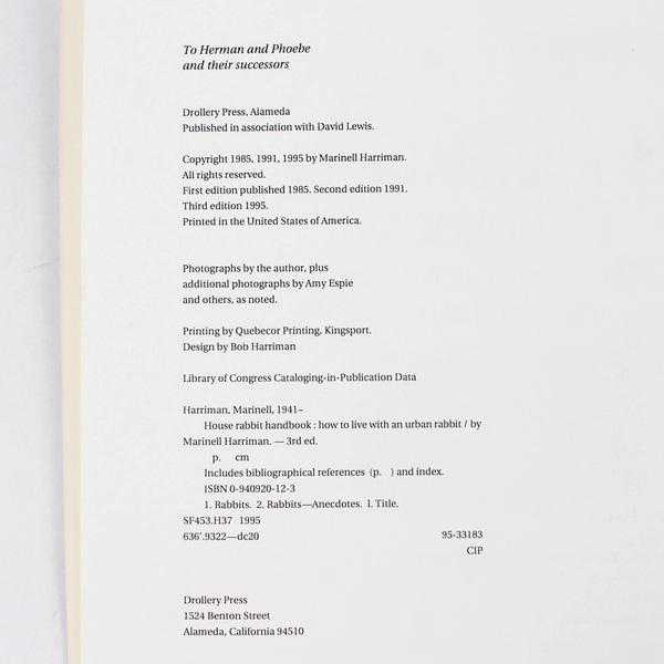 House Rabbit Handbook How To Live With an Urban Rabbit Marinell Harriman 1995 PB