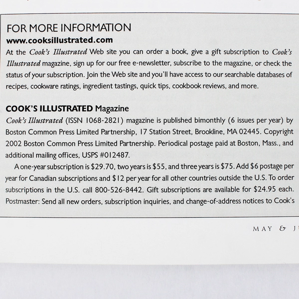 Cook's Illustrated May & June 2002 Magazine Home of America's Test Kitchen