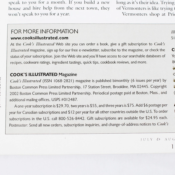 Cook's Illustrated July & August 2002 Magazine Home of America's Test Kitchen