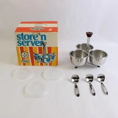 Vintage Foley Store 'n Server 3 Bowl Set With Spoons Lids And Stand