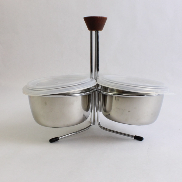 Vintage Foley Store 'n Server 3 Bowl Set With Spoons Lids And Stand