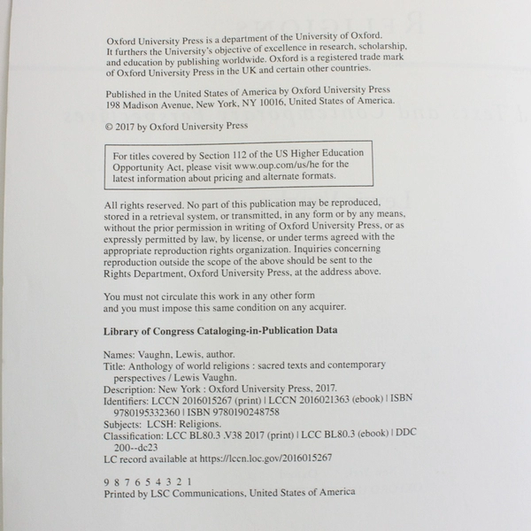 Anthology of World Religions by Lewis Vaughn 2017 Paperback