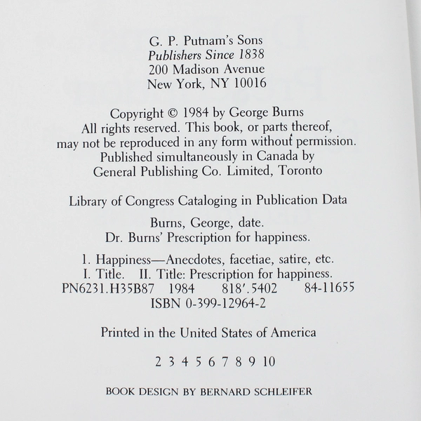 Dr. Burns' Prescription for Happiness HC, George Burns, 1984