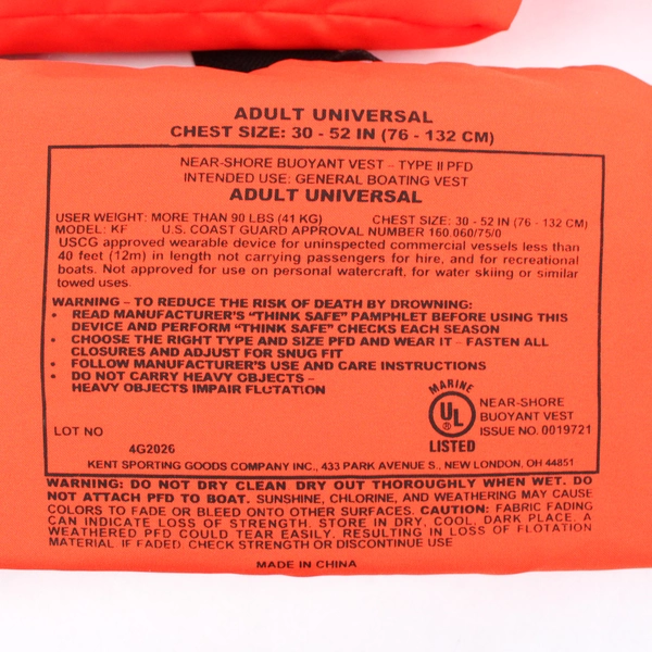 Kent Sporting Goods Adult Universal Type II PFD Near Shore Buoyant Vest Orange