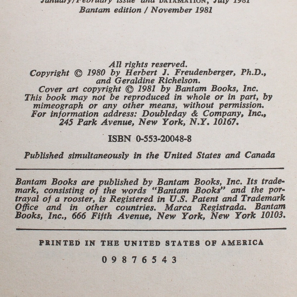 Burn Out How to Beat the Hight Cost of Success, Dr. Herb J. Freudenberger, 1980