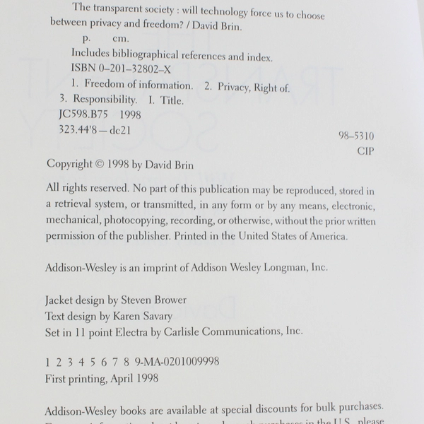 The Transparent Society by David Brin 1998 First Printing Hardcover