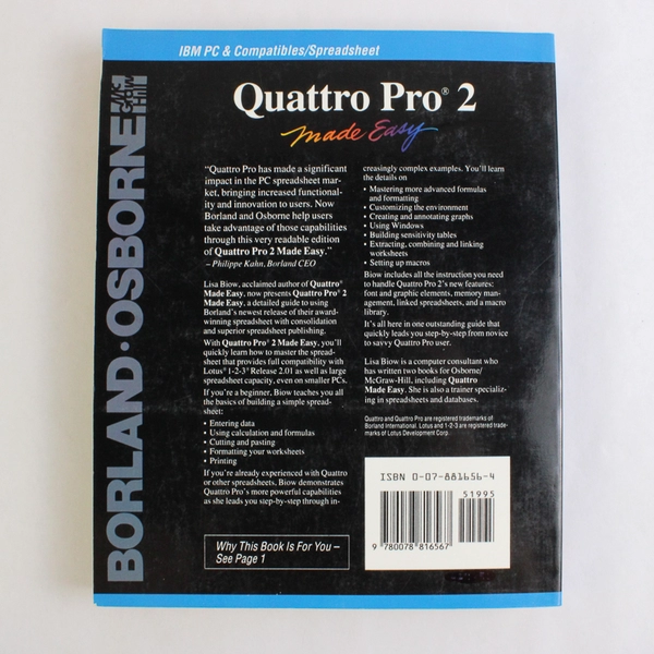 Quattro Pro 2 Made Easy Lisa Biow 1990 Paperback McGraw-Hill