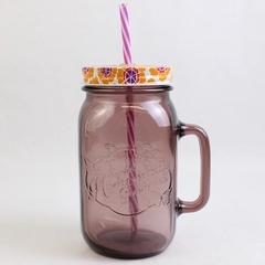 Pioneer Woman Homemade Goodness 32 oz Purple Glass Jar Mug With Lid Straw