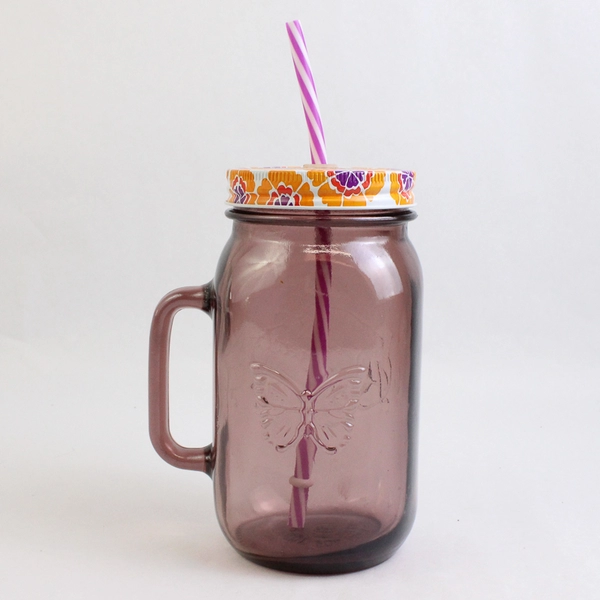 Pioneer Woman Homemade Goodness 32 oz Purple Glass Jar Mug With Lid Straw