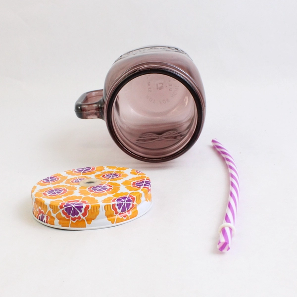 Pioneer Woman Homemade Goodness 32 oz Purple Glass Jar Mug With Lid Straw