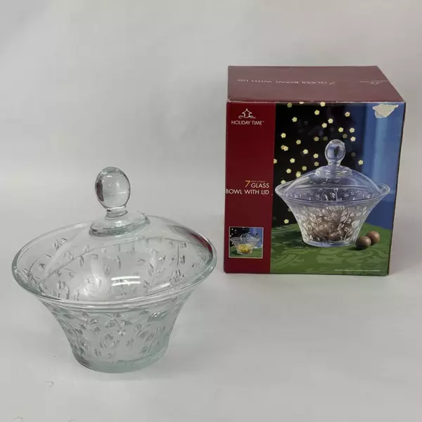 Holiday Time 7 Inch Glass Covered Candy Dish with Lid Embossed Roses