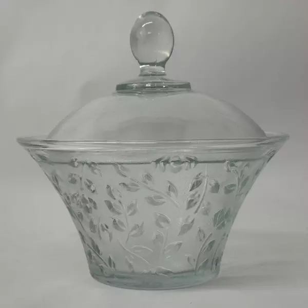 Holiday Time 7 Inch Glass Covered Candy Dish with Lid Embossed Roses