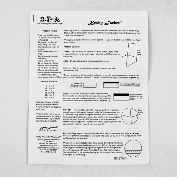 Wildly Wonderful Wearables Sewing Pattern Keshy Jacket #0031