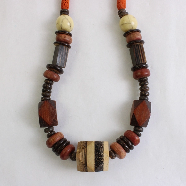 Beaded Wooden Chunky Statement Necklace Adjustable Length 22" or 30"