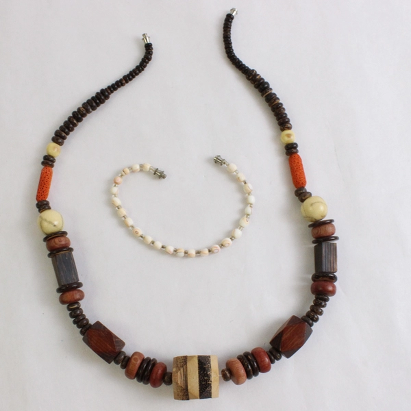 Beaded Wooden Chunky Statement Necklace Adjustable Length 22" or 30"