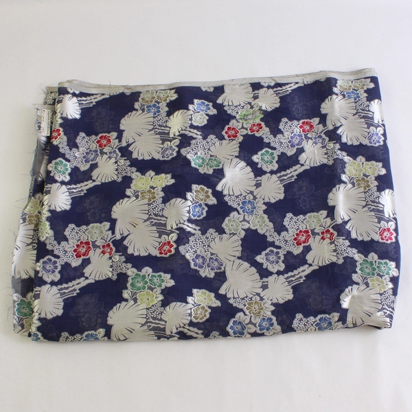 Dark Blue & Silver Silk Brocade Fabric Tropical Floral Design 29" x 2 7/8 Yards
