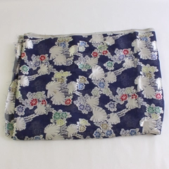 Dark Blue & Silver Silk Brocade Fabric Tropical Floral Design 29" x 2 7/8 Yards