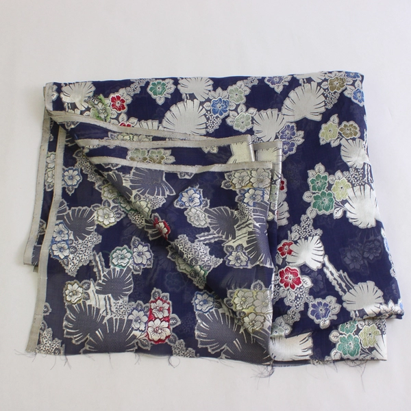 Dark Blue & Silver Silk Brocade Fabric Tropical Floral Design 29" x 2 7/8 Yards