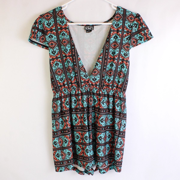 Bohemian Bones Blue Orange & Brown Tribal Print Romper Women's Medium