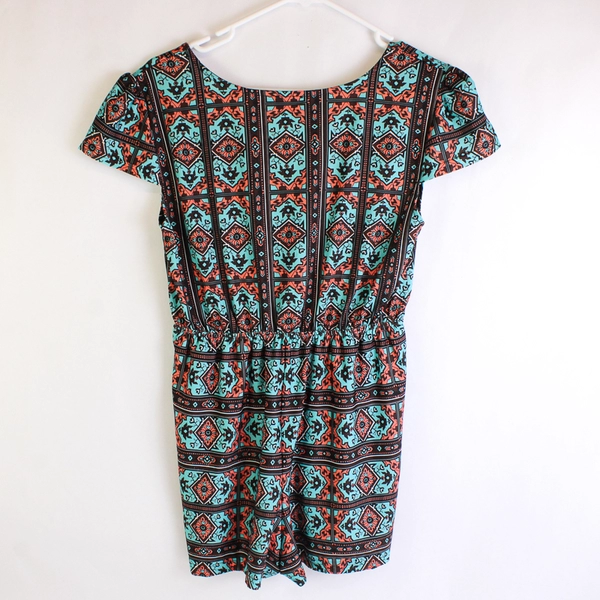 Bohemian Bones Blue Orange & Brown Tribal Print Romper Women's Medium