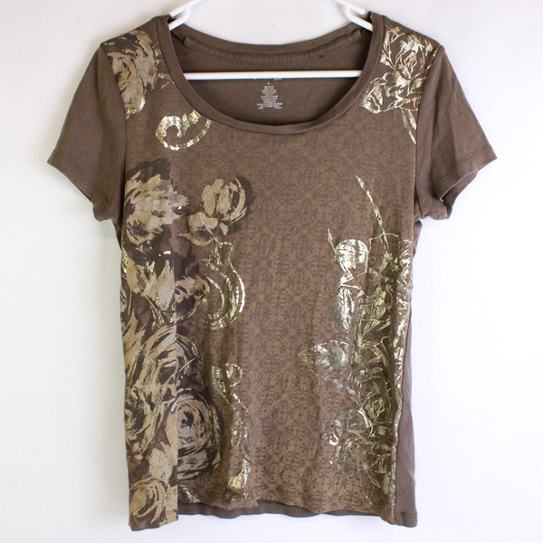St. John's Bay Brown Metallic Rose Graphic Cotton T-Shirt Women's Large