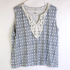 St. John's Bay White & Blue Diamond Pattern Tank Crochet Collar Women's XL
