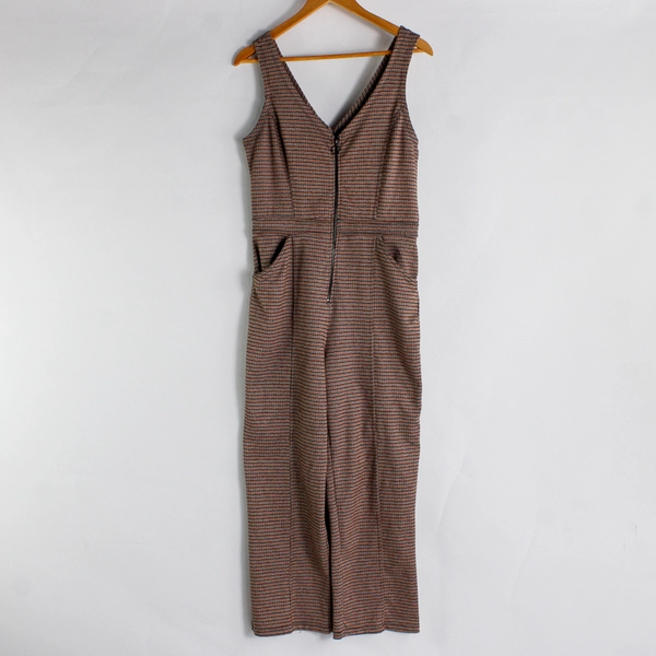 Wild Fable Women's Jumpsuit Brown Plaid V-neck Zip Sleeveless Size M w/ Pockets