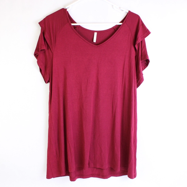 Bishuige V-Neck Red Short Sleeve T-Shirt Loose Fit Women's Size XL